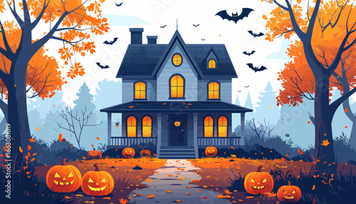 A haunted house glows warmly amidst autumnal trees and carved pumpkins on Halloween night.