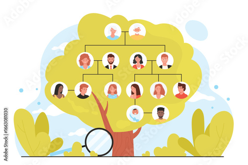 Genealogy, infographic family tree vector illustration. Cartoon green tree with portraits icons of four generations of relatives on branches, magnifying glass to study history and ancestry for reunion