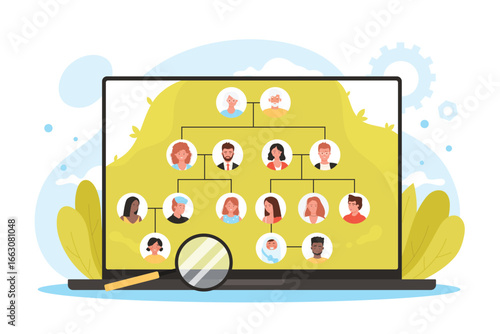 Family tree app, genealogy software vector illustration. Cartoon infographic template with laptop and magnifying glass, relatives, grandparents, parents and children connected with lines on screen