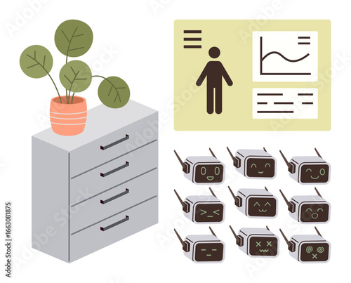 Plant-topped cabinet, various expressive AI robot faces, and data chart board. Ideal for technology, AI, workplace, innovation, analytics emotion simplicity. Modern flat metaphor of tech adaptation