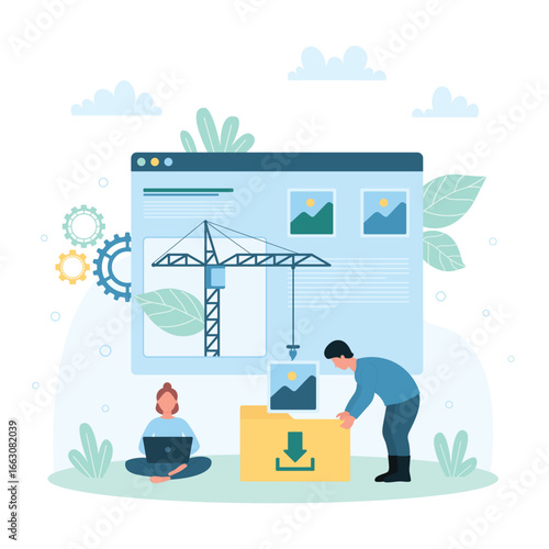 Transfer file system, backup vector illustration. Cartoon tiny people and construction crane on desktop upload document, image to folder, online download information for storage in digital directory