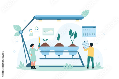 Growing plants in science laboratory vector illustration. Cartoon tiny people research nature, eco agronomy and biology, engineers grow green sprouts in soil with smart lab cultivation equipment