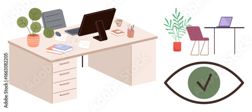 Office desk with computer, books, plants, and stationery next to side furniture, chairs, and green plant. Eye icon with check mark. Ideal for productivity, ergonomics remote work office planning
