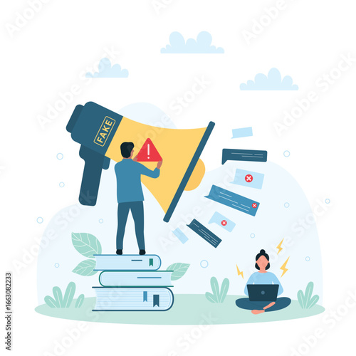 Fake news vector illustration. Cartoon tiny people putting warning exclamation mark on big megaphone with speech bubbles to stop share disinformation in social media, spread misinformation online