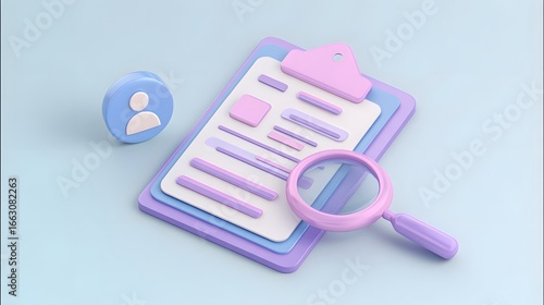 3d illustration of a resume with magnifying glass and user icon