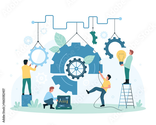 Teamwork for business improvement vector illustration. Cartoon tiny people of maintenance and support team work with settings, worker moving gear and system of enterprise mechanism, holding light bulb