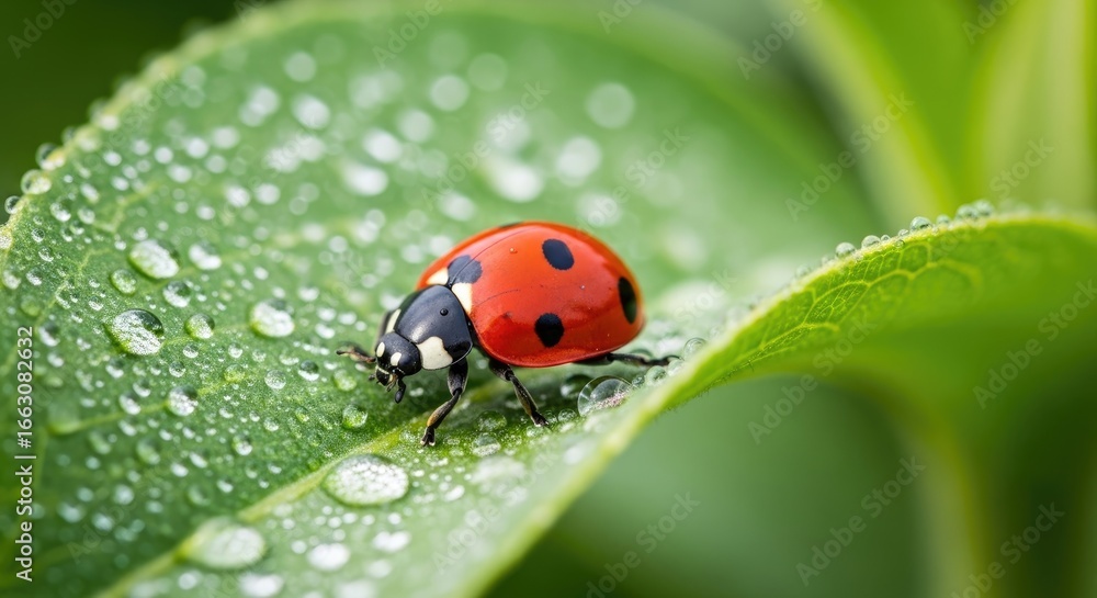 Naklejka premium Ladybug on Leaf Covered in Dew Drops