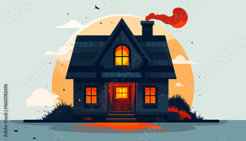 A mysterious, dark house glows warmly at sunset, emitting a cozy ambiance despite its spooky exterior.