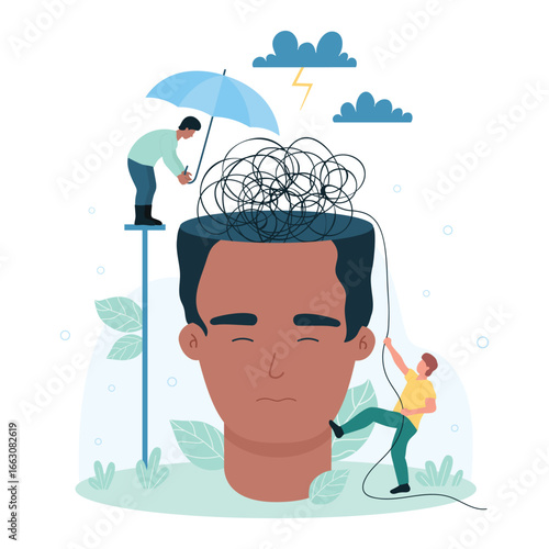 Mental health therapy, support in bad state and crisis vector illustration. Cartoon tiny people unravel thread and confusion in brain of human head, protect person with umbrella from dark thoughts