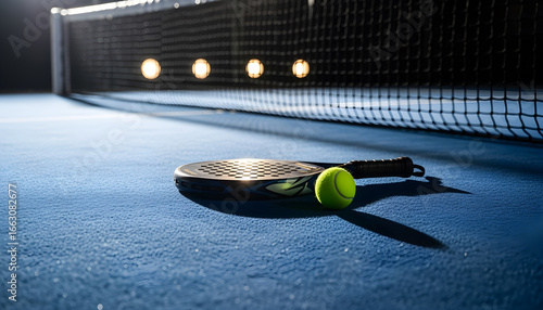 Padel racket and ball on blue court near net with indoor lights in sports arena perfect for padel tournaments training sessions and athletic equipment visuals