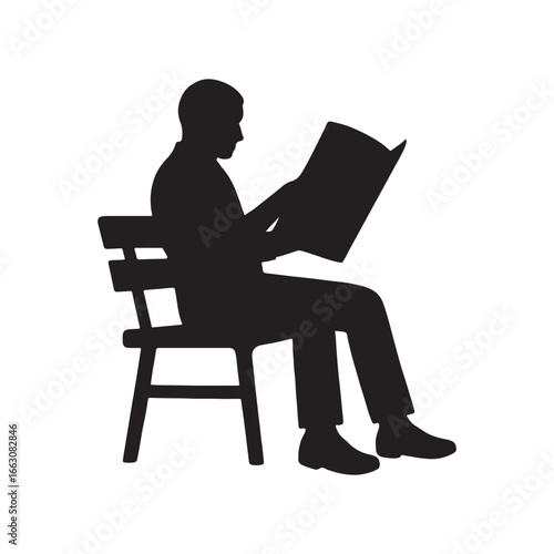 Silhouette of a man reading newspaper sitting on a park bench in monochrome style