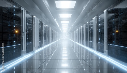Futuristic server room corridor with glowing floors and racks