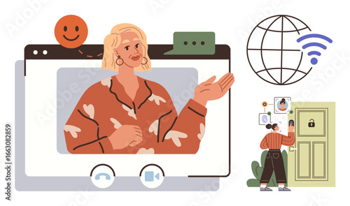 Woman speaking in a video call browser window, wireless globe, user accessing a digital lock. Ideal for remote work, education, digital security, online networking, virtual meetings, technology