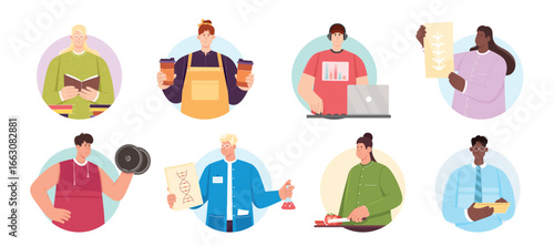 People of different professions in round frames set vector illustration. Cartoon portraits of professional male and female characters with funny faces in uniforms, circle avatars collection for users