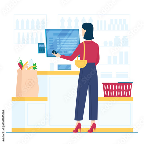 Self service in grocery store, supermarket vector illustration. Cartoon female customer buying in retail shop, using cashier electronic kiosk with screen and POS terminal for payment for purchases