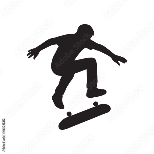 Silhouette of Skateboarder Performing a Trick Against a White Background Ready for Action