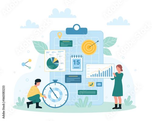 Time management with digital schedule vector illustration. Cartoon tiny people plan and control daily tasks with business meeting planner, check and organize events on board of calendar with notes