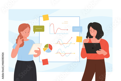 Business people work on financial data and reports on office white board vector illustration. Cartoon two female employees exchange ideas and analyze charts, girls holding tablet and documents