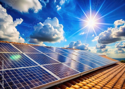 Solar panels installed on a rooftop under a clear blue sky with fluffy white clouds