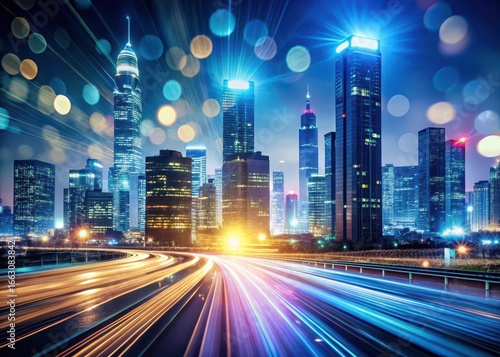 Cityscape at night with flowing light streaks and abstract bokeh effects on skyscrapers