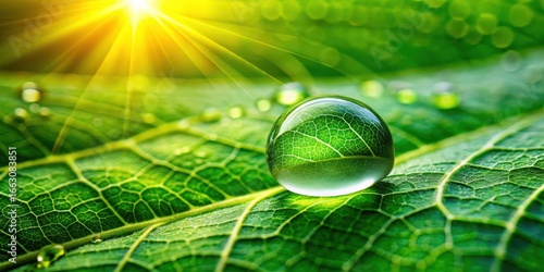 close-up of water droplet on vibrant green leaf with dew glistening in sunlight
