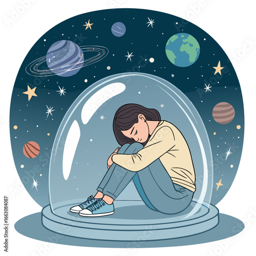 A sad woman sitting alone in a glass bubble, A concept of isolation and mental health, Vector art for prints - Generative AI
