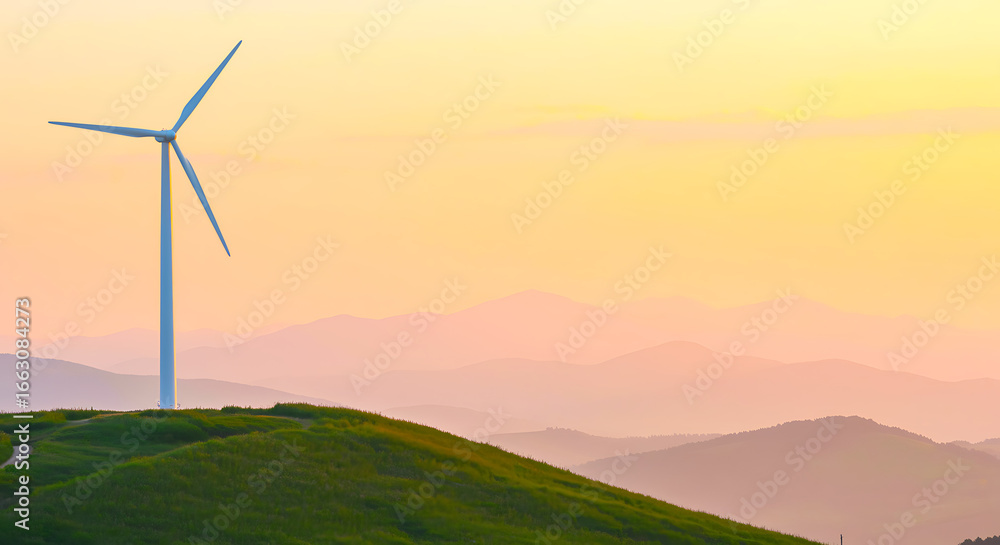 Obraz premium Majestic wind turbine stands tall on a grassy hilltop against a vibrant orange and yellow sunset sky with layered mountains