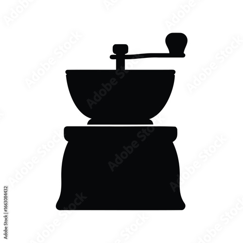 Black Silhouette of a Traditional Hand Crank Coffee Grinder on a White Background