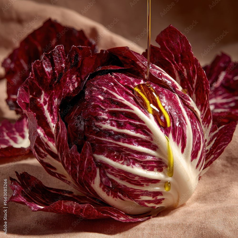 Obraz premium Red radicchio head glistens with drizzled golden oil on a textured beige fabric background