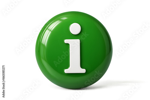 Green info circle with white “i” symbol, isolated on transparent background, glossy 3D look