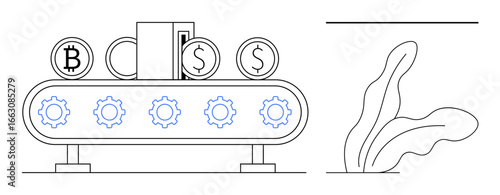 Conveyor belt with Bitcoin and Dollar coins emerging alongside gears and wallet. Ideal for automation, cryptocurrency, digital finance, blockchain, innovation, fintech, technology. A simple flat