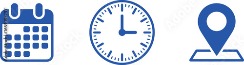 Blue Calendar, Clock and Location Icons on White Background Appointment and Schedule