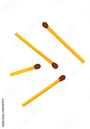 A close up view of four wooden matches with brown heads and yellow sticks scattered on a white background a simple illustration
