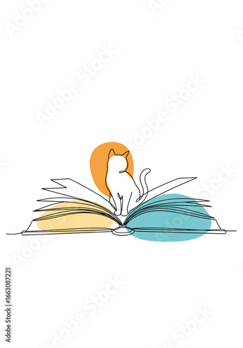A whimsical feline companion graces the pages of an open illustrated book