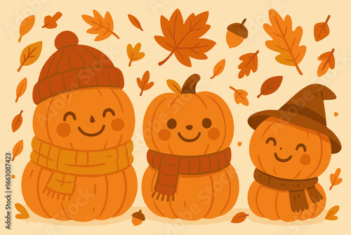 Cute pumpkin characters in autumn playtime scene