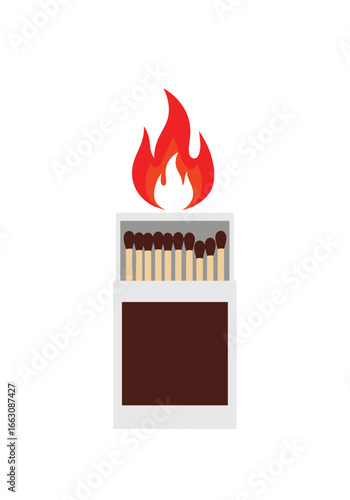 A striking illustration of a full box of matches with flames igniting from the striking head of one match