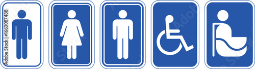 Restroom Sign Icons Set, Men, Women, Unisex, Handicap, Toilet Blue and White Symbols