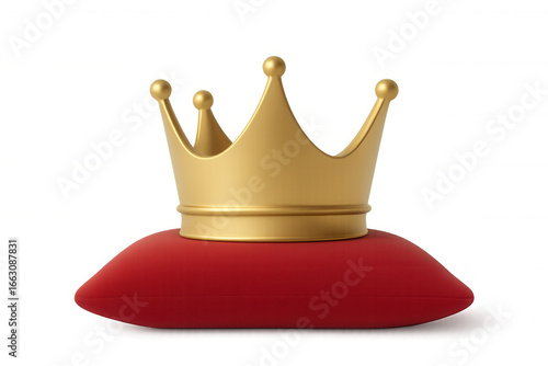Gold crown sitting on crimson velvet cushion, representing regal power, royal luxury against transparent backdrop
