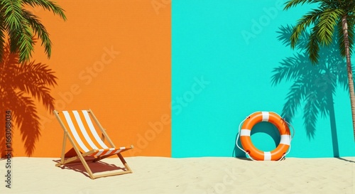 A vibrant summer scene, showcasing a beach chair and a lifebuoy next to palm tree shadows, with sandy shores, bright colors, and a refreshing, cheerful aesthetic for vacation enjoyment