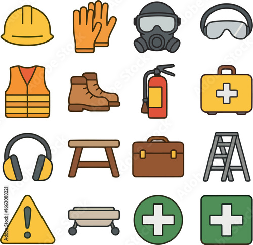 Safety Icons: A comprehensive collection of safety equipment icons in a clean and bold style. These icons represent the essence of workplace safety. 