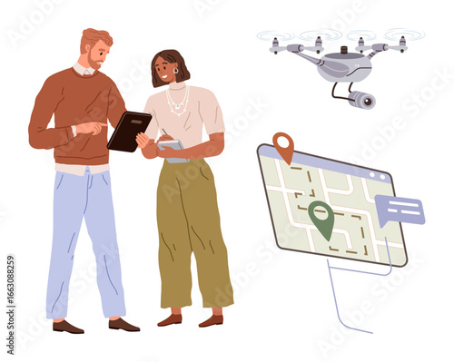 Man and woman reviewing tablet, drone hovering above for delivery, navigation map pinned with GPS. Ideal for logistics, technology, innovation, teamwork, communication, planning transportation