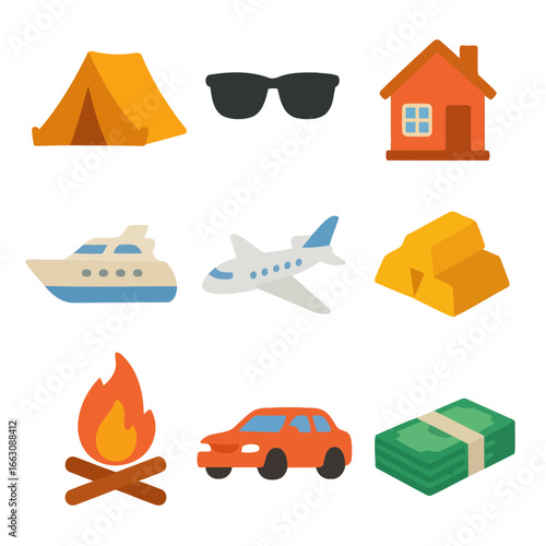 Wealthy Lifestyle: Symbolic illustration of wealth and luxury, showcasing elements of a prosperous lifestyle: tent, sunglasses, house, yacht, airplane, gold, fire, car, money