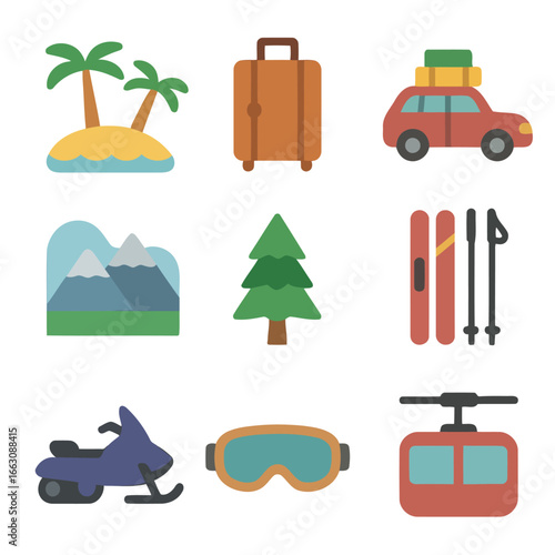 Holiday Icons: A charming assortment of travel icons represents various elements related to travel, adventure, and outdoor recreation. Illustrating the essentials of a vacation.