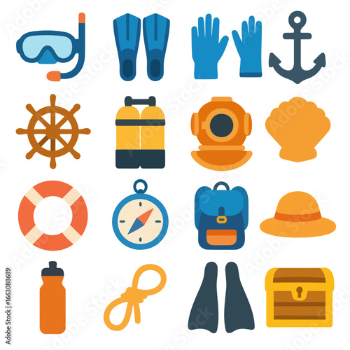 Scuba Diving Icon Set: A collection of vibrant scuba diving and ocean exploration icons, perfect for travel and adventure themed projects.
