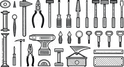 Collection of vintage hand tools and power tools in black and white illustration