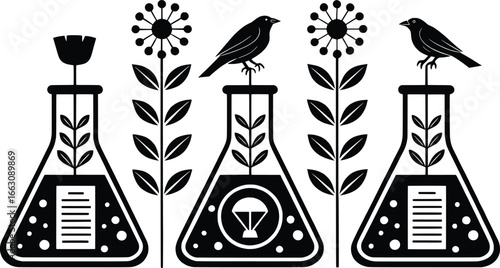 Whimsical black and white illustration of birds and flowers in laboratory flasks