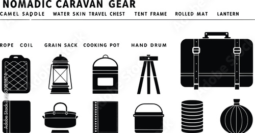 Collection of nomadic caravan gear icons and illustrations