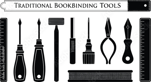 Collection of traditional bookbinding tools in silhouette