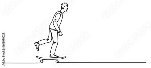 Continuous line art of a man skateboarding on a flat road. This image is isolated with a transparent background.