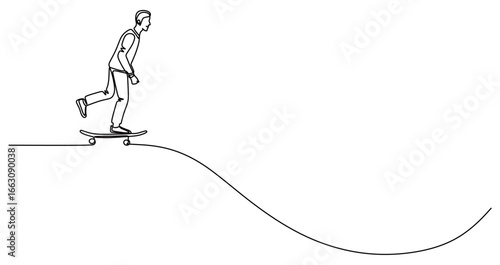 Continuous line art of a man skateboarding on a winding, downhill road. This image is isolated with a transparent background.
